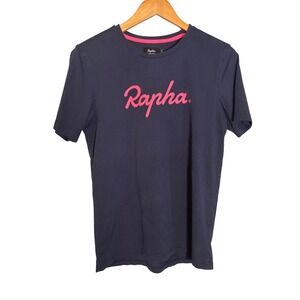 Rapha Mens Logo T-Shirt Navy Blue Pink Script Cotton Crew Neck Size M
